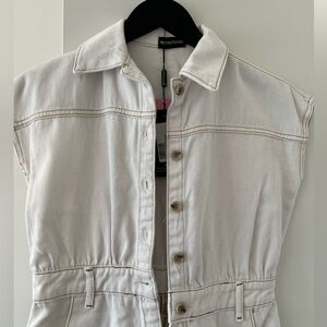 White denim mini dress with buttons.